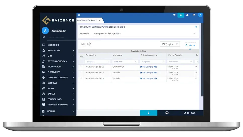 Compras pendientes de recibir, Evidence Technology