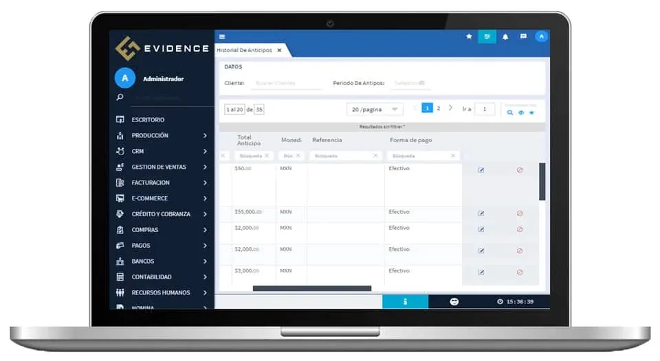 Historial de anticipos en crédito y cobranza, Evidence Technology