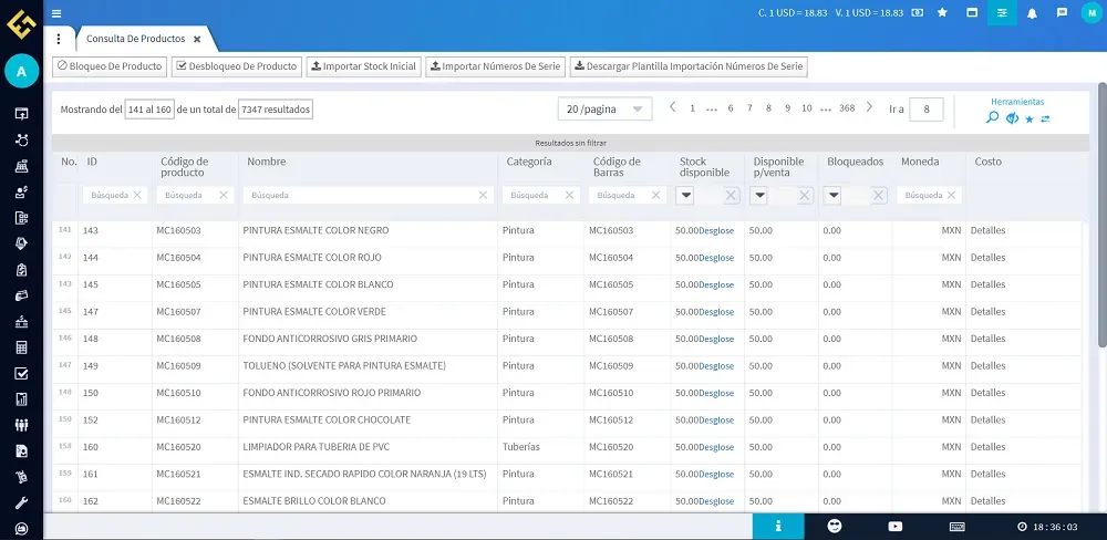 Evidence Technology - Vista de la consulta por productos