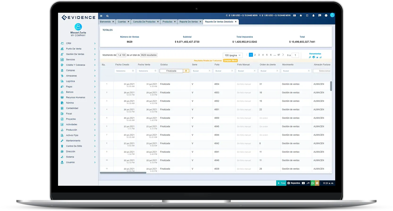 Evidence Technology - Vista reporte de ventas detalladas