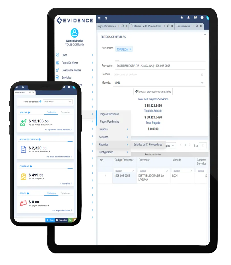 Mockup de funcionalidades de pagos, Evidence Technology