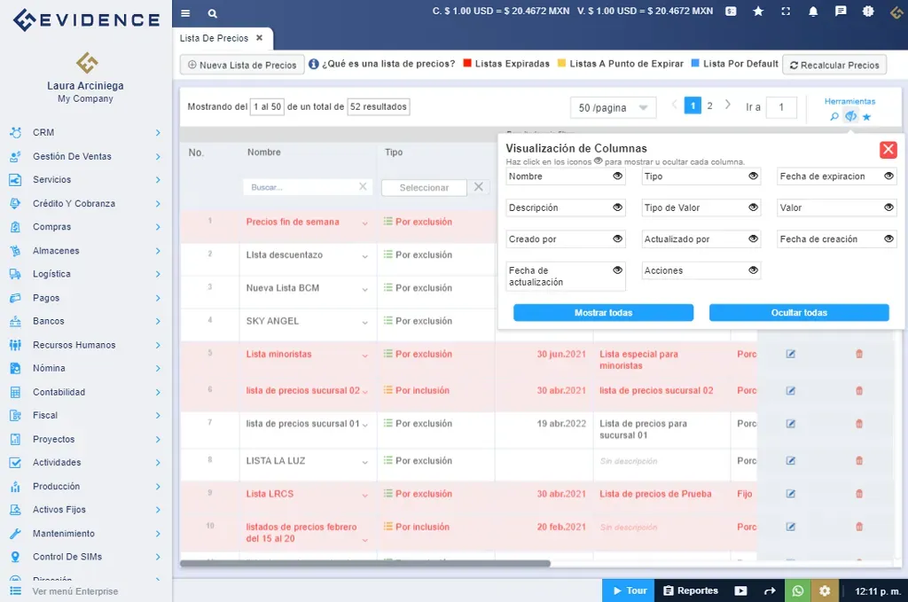 Lista de precios de ventas, Evidence Technology