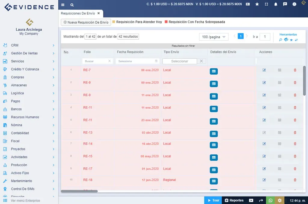 Requisiciones y envíos de Evidence Technology