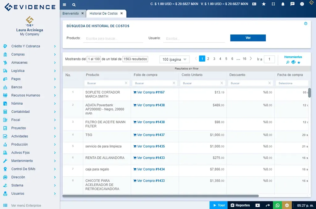 Evidence Technology - Historial de compras Módulo Compras