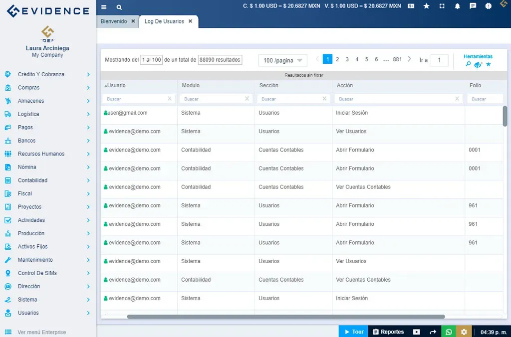 Evidence Technology - Log de usuarios Módulo Usuarios