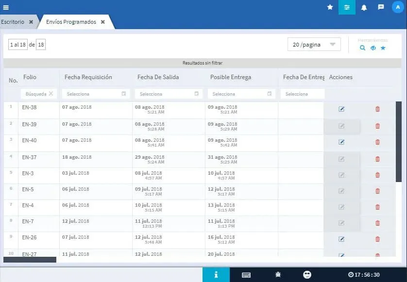Vista de envíos programados, Evidence Technology